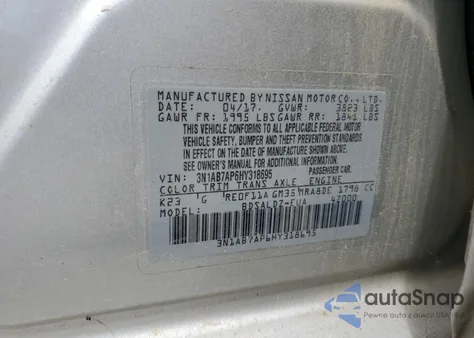 2017 Nissan Sentra S z USA, uszkodzony, nr VIN 3N1AB7AP6HY318695